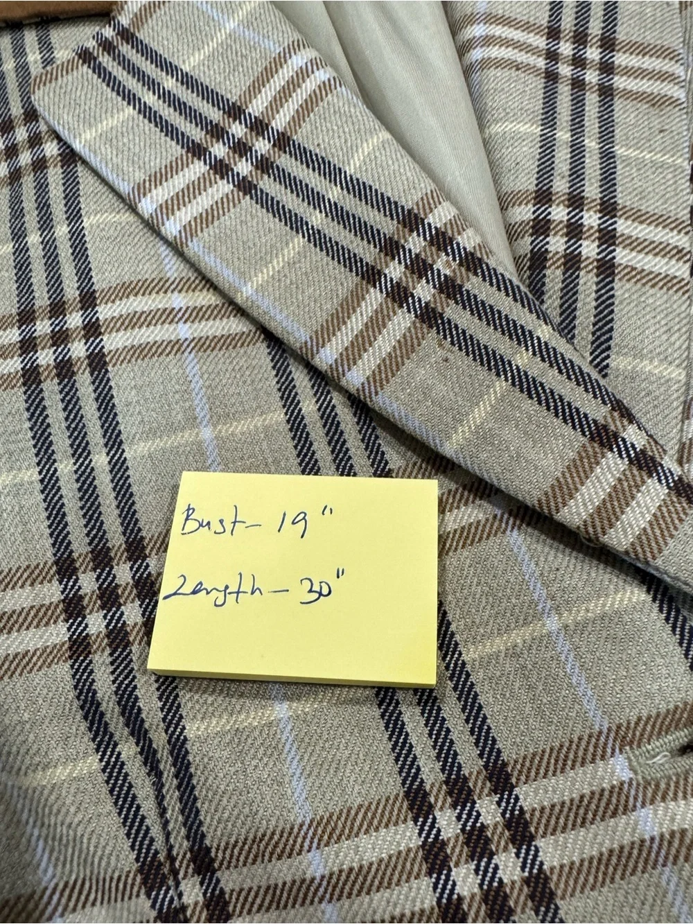 Liz Claiborne Vintage 100% Pure New Wool Plaid Blazer Suede Collar 8 Beige Brown